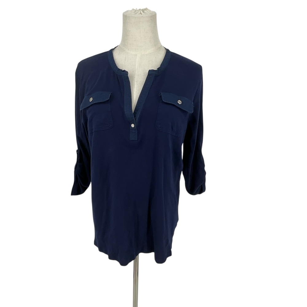 Lauren Ralph Lauren Navy‎ Blue Cotton Athleisure Blend Pocket Roll Tab Shirt XL